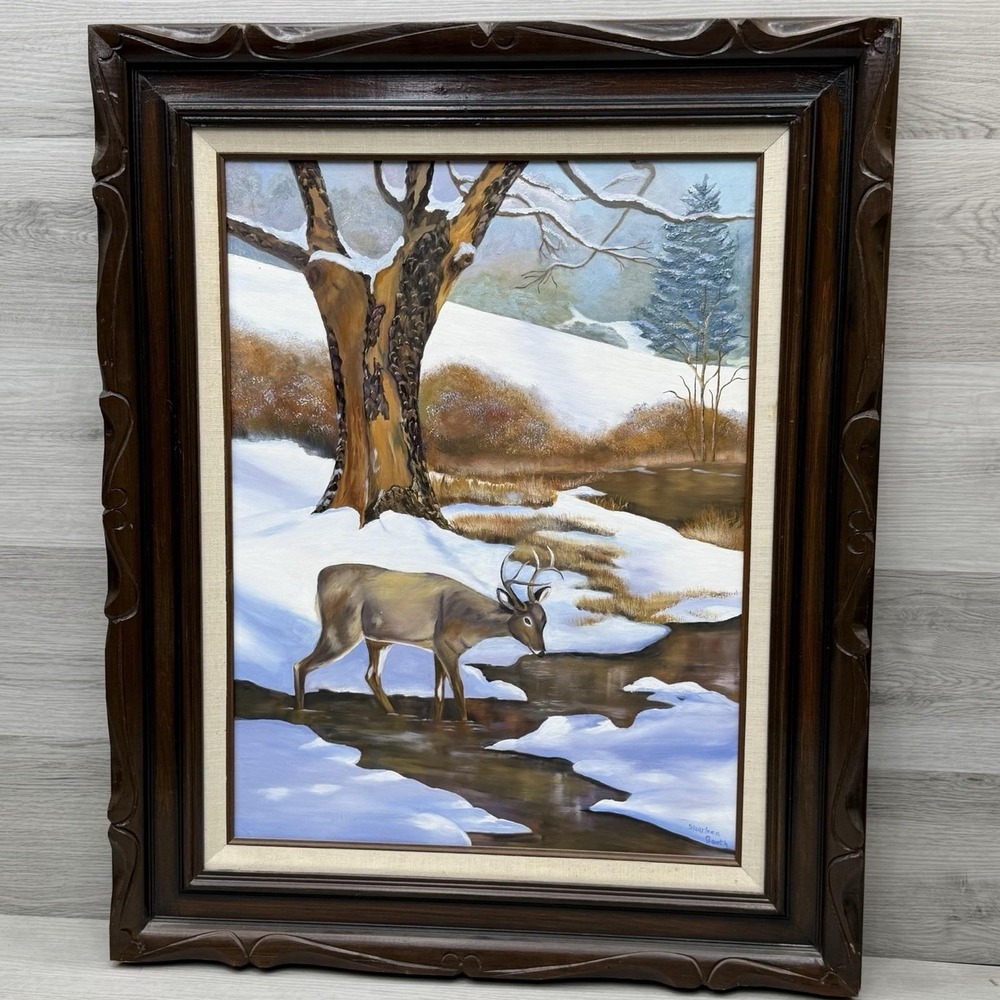 Ornate Carved Walnut Frame Original Oil Painting Winter Buck Deer Creek 18x24